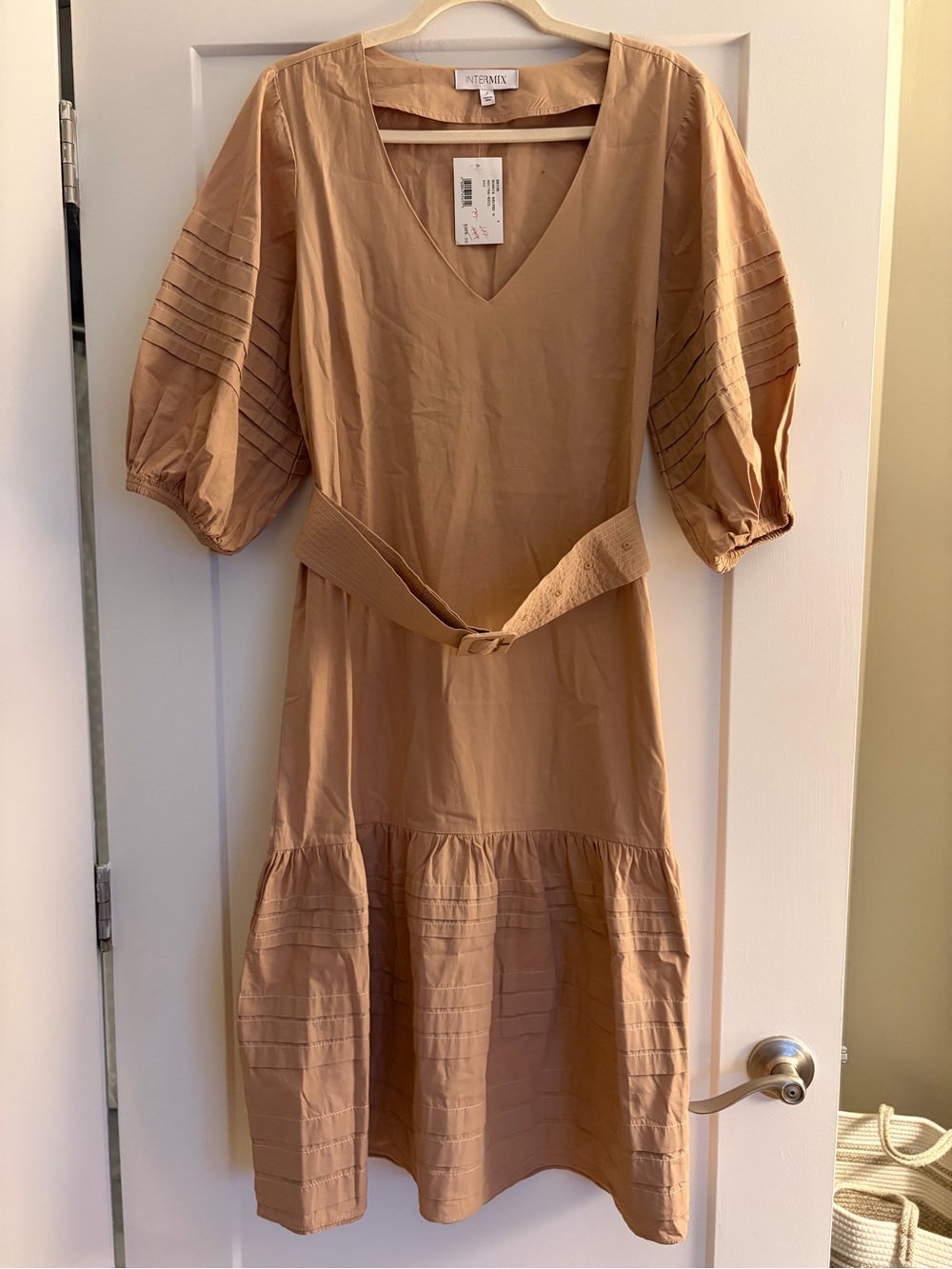 INTERMIX Tan V-Neck Midi Dress with Belt and Puff Sleeves